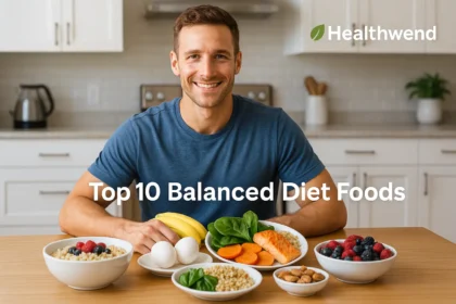 A realistic photo of a wooden table with top energy-boosting foods (eggs, spinach, berries, quinoa, nuts) arranged in a balanced plate style.