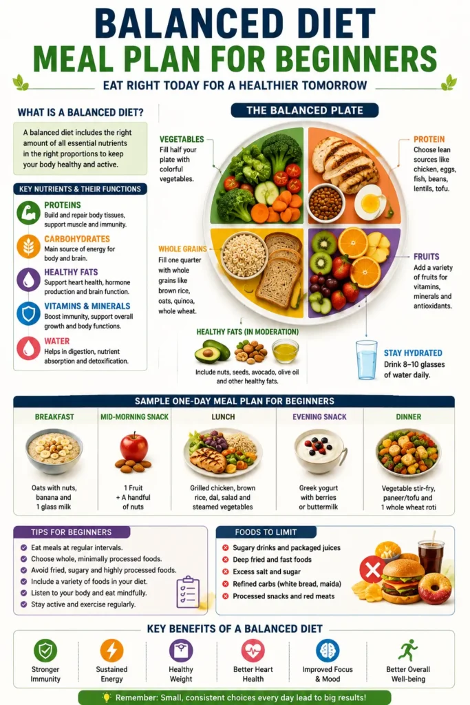 Balanced Diet Meal Plan for Beginners featuring healthy foods, balanced portions, protein, complex carbs, healthy fats, vegetables, and fruits