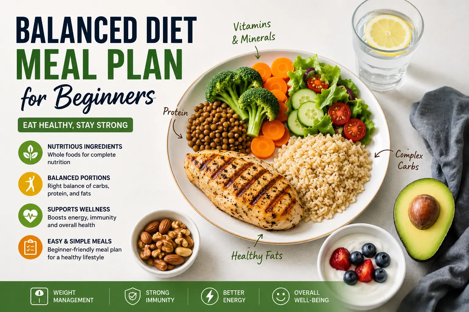 Balanced Diet Meal Plan for Beginners with healthy foods