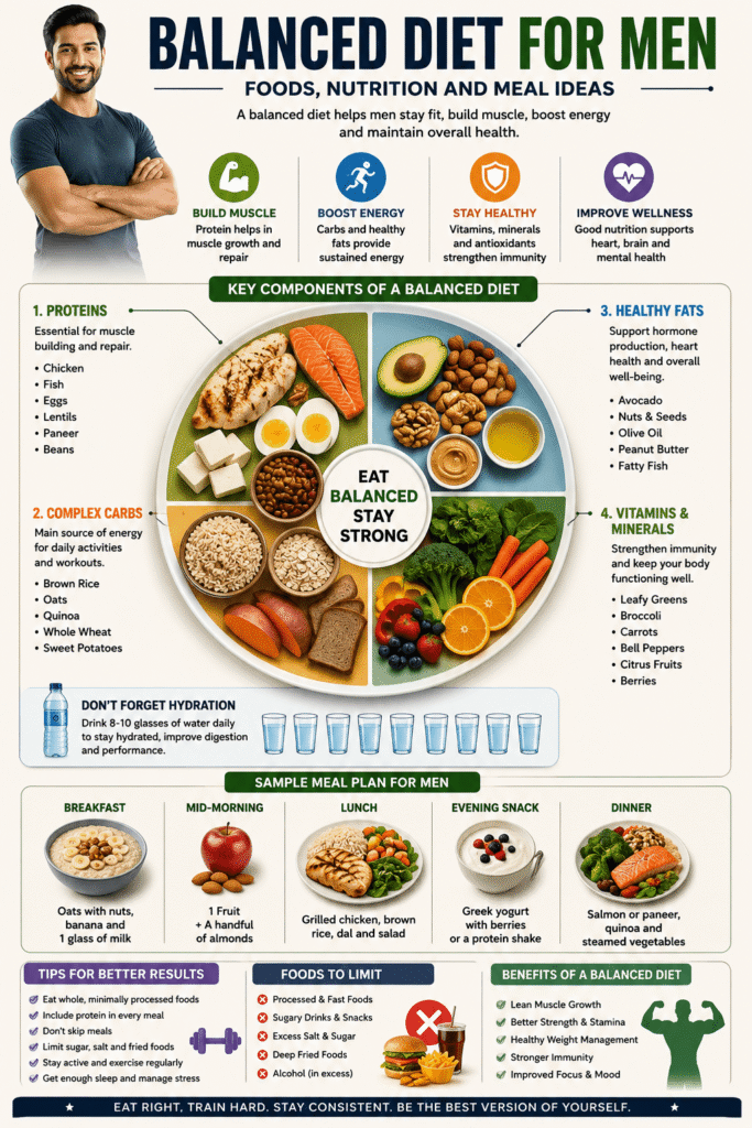 Balanced Diet for Men nutrition infographic and meal plan
