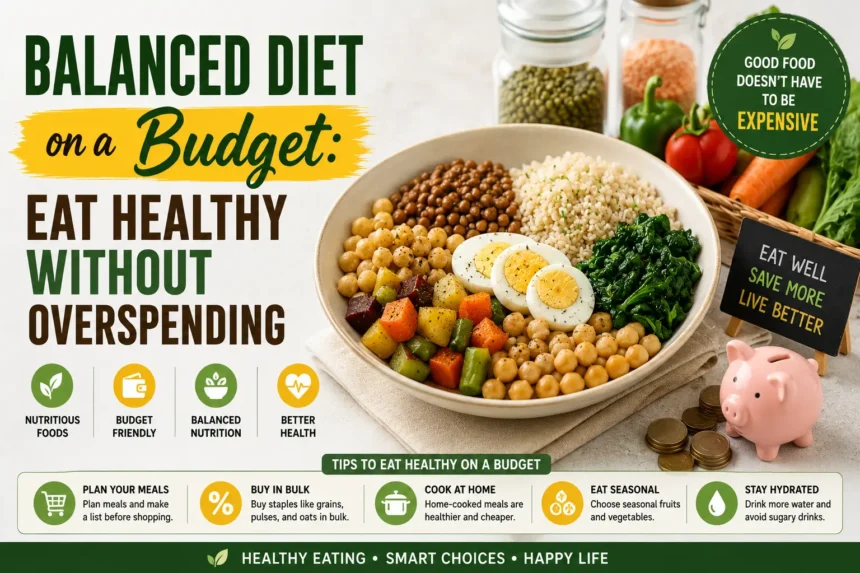 Balanced Diet on a Budget featuring affordable healthy foods, lentils, rice, vegetables, eggs, chickpeas, and meal planning tips